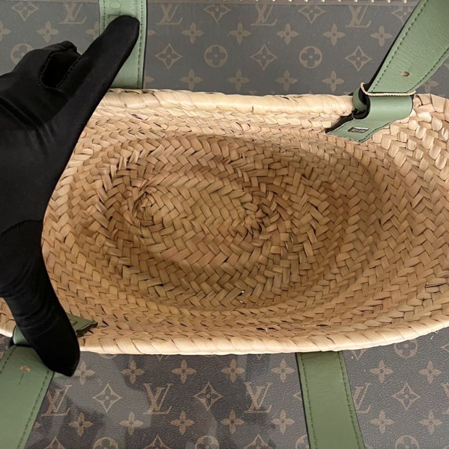LOEWE 綠色拼皮草編 手提肩背菜籃子包 17*19*11 98新配件塵袋-7