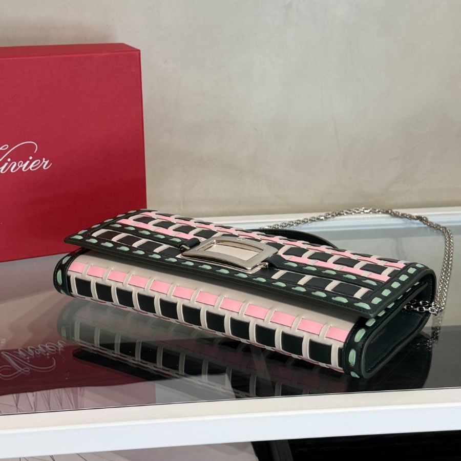 Roger Vivier 小牛皮編織手拿包 - 奶油/粉/綠-3