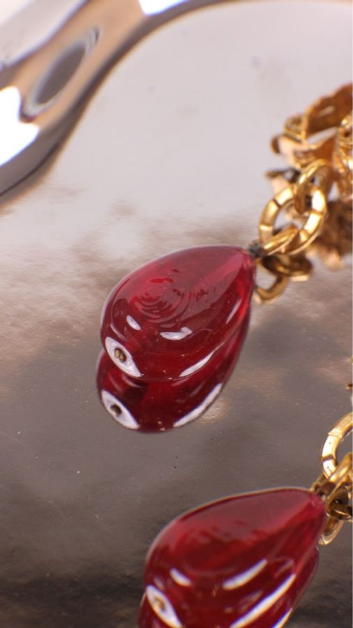 Chanel 94年红金琉璃吊坠珍珠耳夹-19