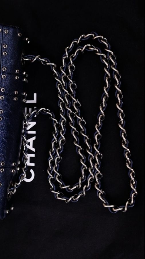 Chanel 22开飞行系列蓝色油蜡皮铆钉大mini cf单肩包-13