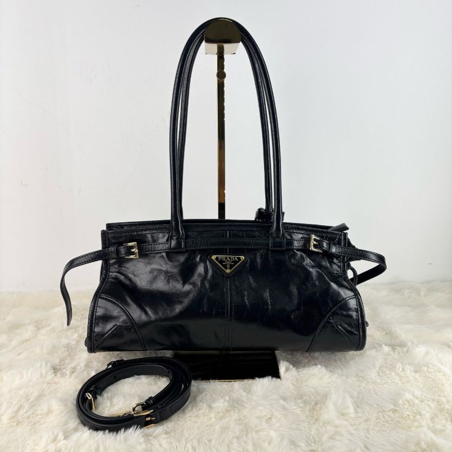 Prada普拉達黑金Soft Lux中號Bonnie,99新,附肩帶,底長32cm-2