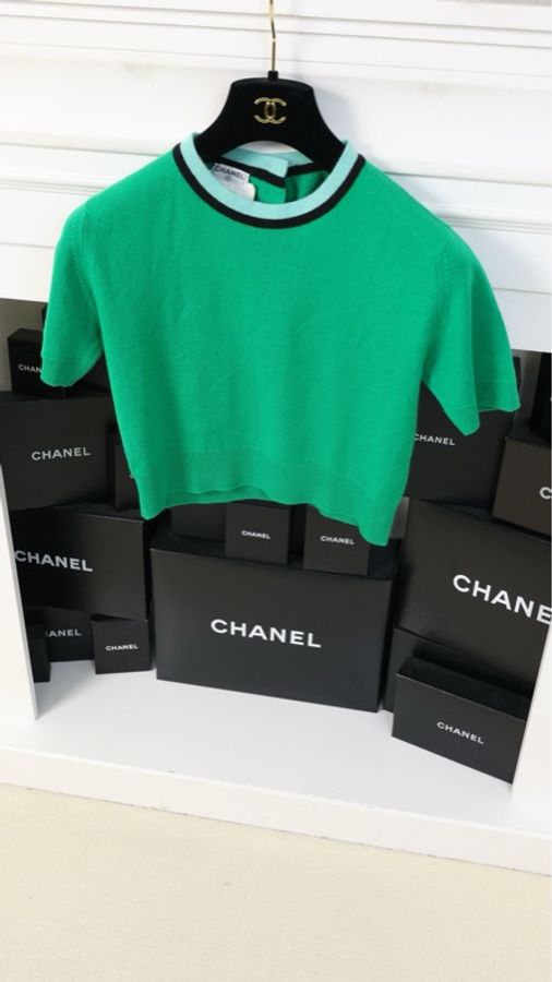 Chanel 94年草绿色针织开衫短袖半裙三件套套装-18