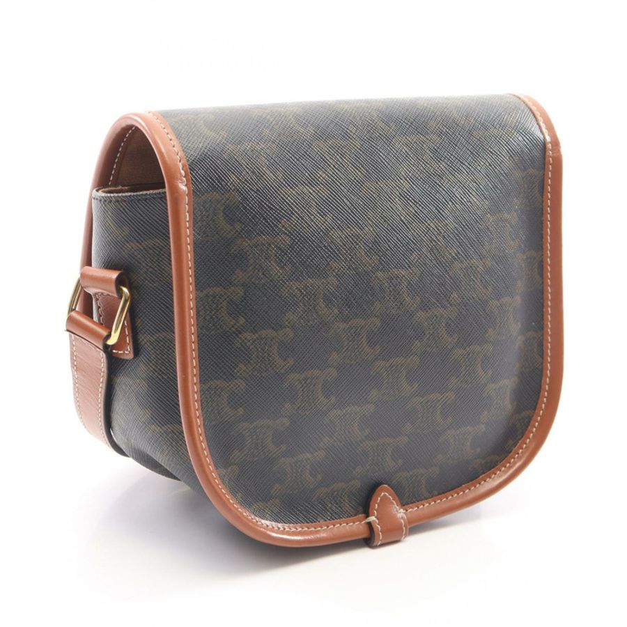 CELINE Folco 中型 Triomphe 單肩包,帆布皮革,黑色/棕色,二手女款-1