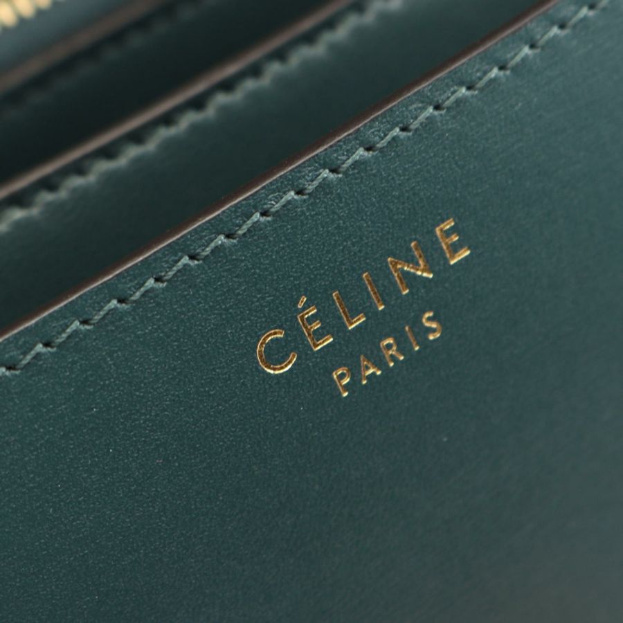 CELINE 經典 Box 中型單肩包,綠色皮革,二手,女士,金色五金-3