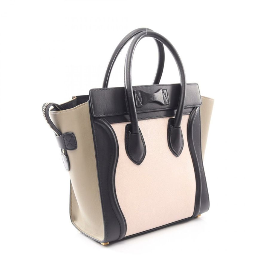 CELINE Luggage 迷你購物手提包 167793 皮革 黑色 粉紅色 米色 二手 女士-1