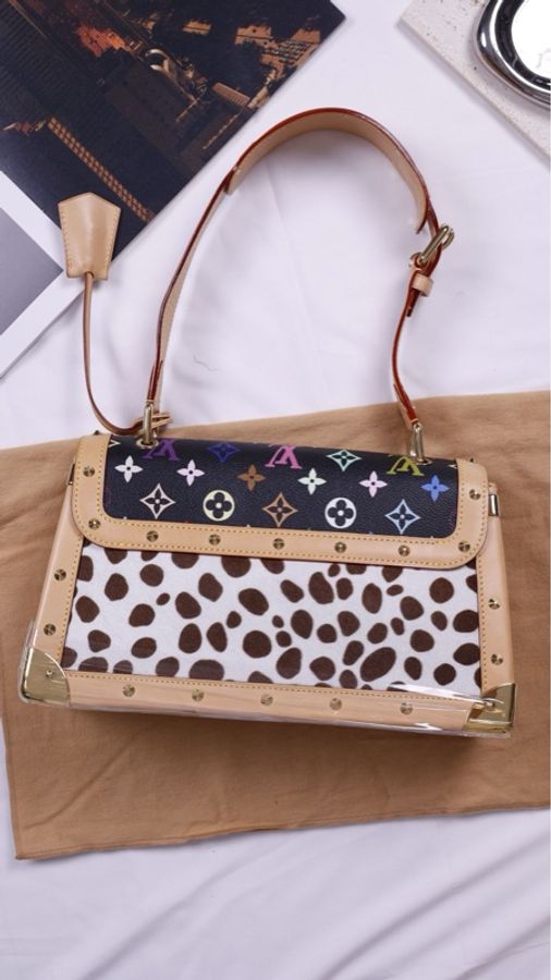 LV x 村上隆限定03年黑三彩马毛奶牛纹苏哈里手提包-1