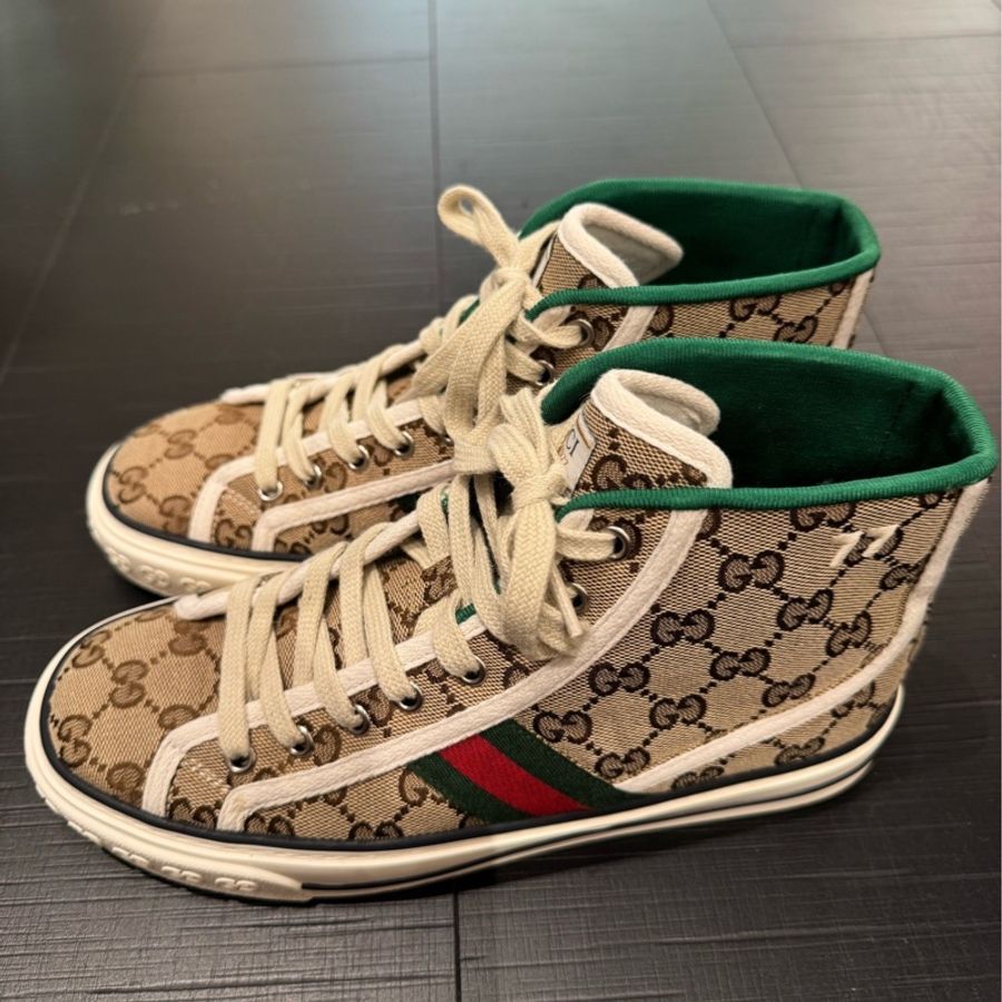 GUCCI /古馳 棕色帆布老花高幫板鞋 38碼-0