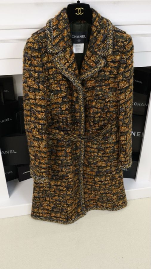 Chanel 13年爱丁堡系列金彩色粗花呢琉璃扣长款外套-2
