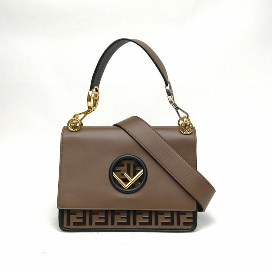 FENDI KANI金標Logo中號棕色牛皮金扣肩背包-0