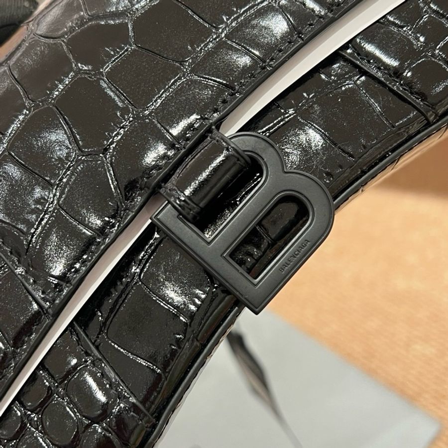 Balenciaga/巴黎世家 黑色鰐魚壓紋牛皮黑扣沙漏包手提包斜挎包-8
