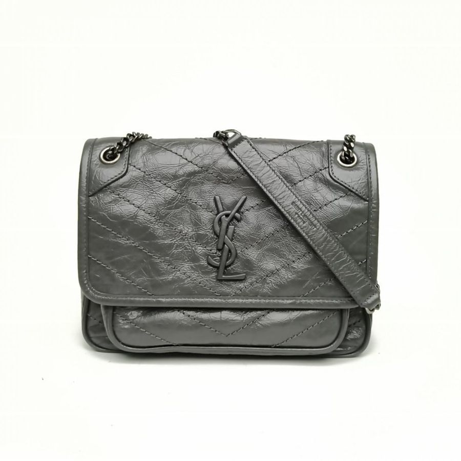 SAINT LAURENT NIKIBABY褶皺絎縫鏈條包MINID扣灰色牛皮肩背包-0