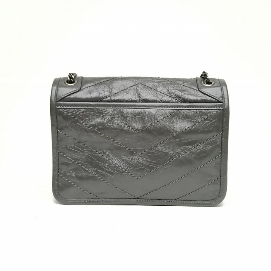 SAINT LAURENT NIKIBABY褶皺絎縫鏈條包MINID扣灰色牛皮肩背包-2