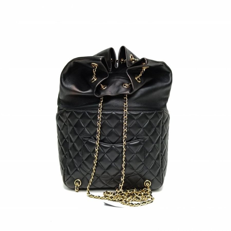 CHANEL 黑色羊皮21開金扣抽繩外側口蓋雙肩包肩背包-2