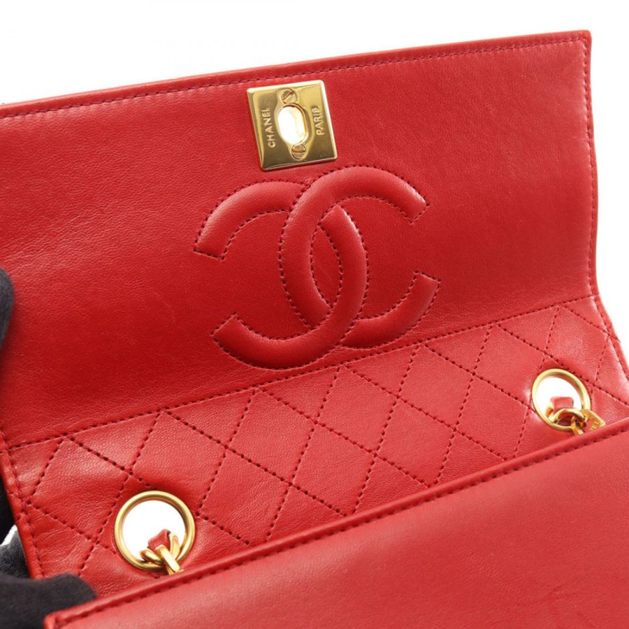 香奈兒 (CHANEL) 絎縫鏈條單肩包,羊皮材質,紅色/黑色,二手,女士款,金色五金-6