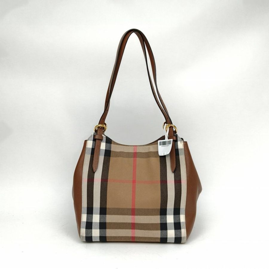Burberry 棕色牛皮帆布金扣格紋水桶單肩購物袋肩背包-2