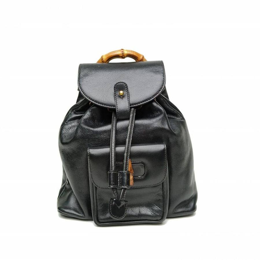 GUCCI 黑色牛皮中古mini竹節雙肩包肩背包-0