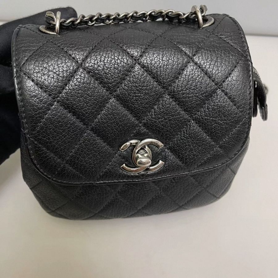Chanel香奈兒 黑銀荔枝紋三層單肩斜挎包-5