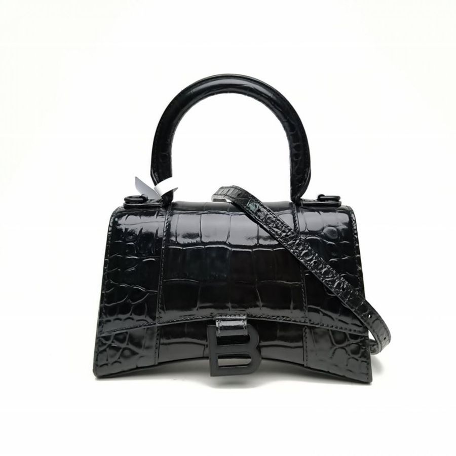 BALENCIAGA Hourglass沙漏XS碼鱷魚壓紋黑色牛皮Lisa同款肩背包-0