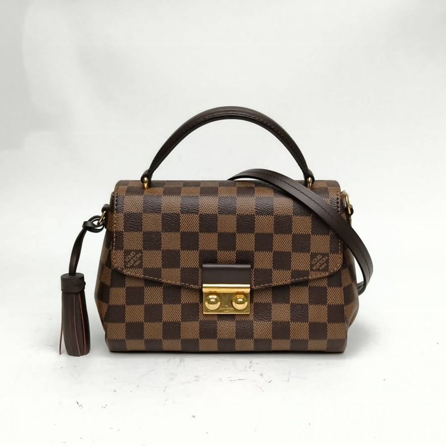 LOUIS VUITTON Croisette手柄郵差包棕色棋盤格PVC金扣肩背包-0