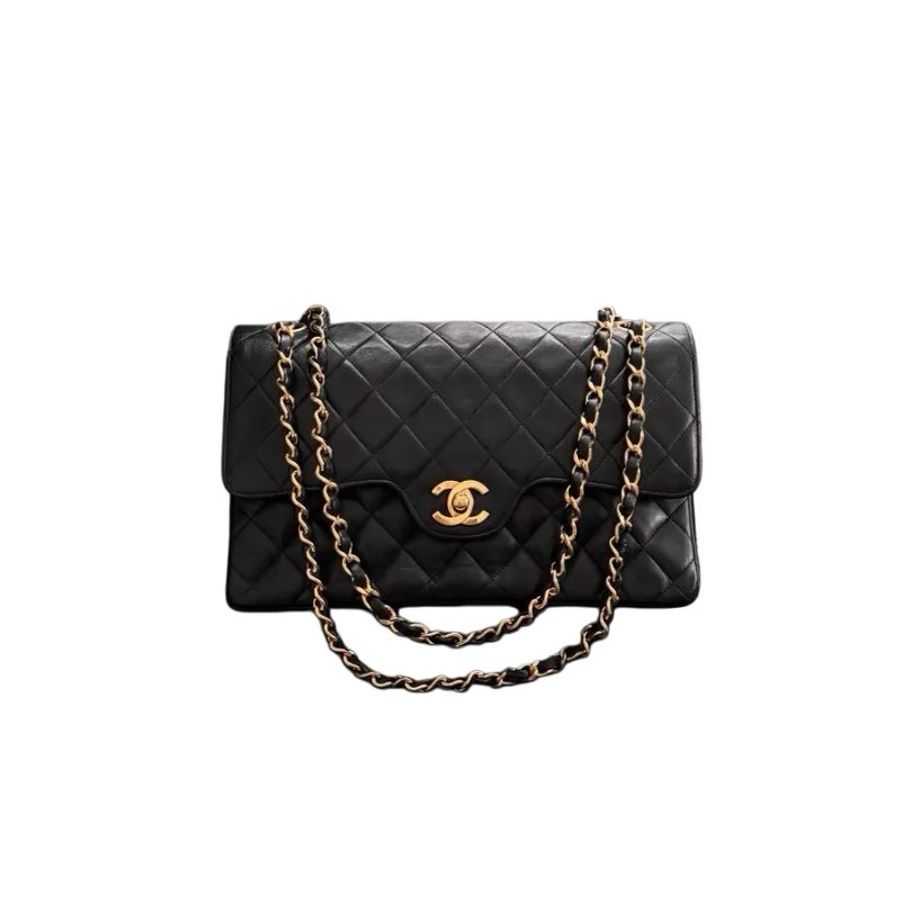 Chanel黑金菱格紋雙C扣鏈條包-0