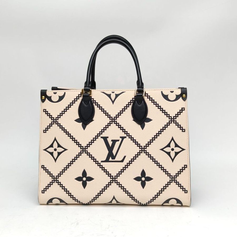 LOUIS VUITTON 拼色牛皮金扣晶片Onthego中號刺繡壓紋軟粒面肩背包-2