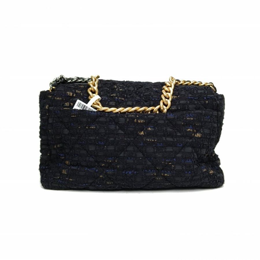 CHANEL 19BAG口蓋包Maxi黑色毛呢30開金銀扣肩背包-2