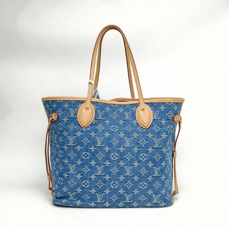 LOUIS VUITTON Neverfull中號丹寧托特包牛仔藍金扣老花晶片肩背包-0