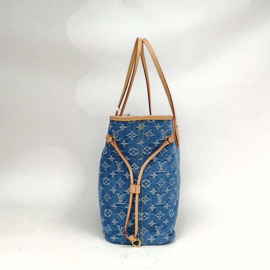 LOUIS VUITTON Neverfull中號丹寧托特包牛仔藍金扣老花晶片肩背包-1