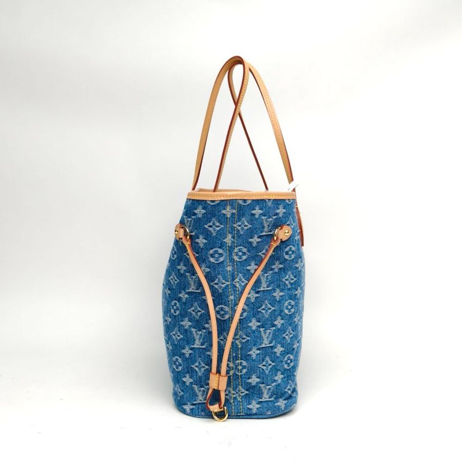 LOUIS VUITTON Neverfull中號丹寧托特包牛仔藍金扣老花晶片肩背包-3