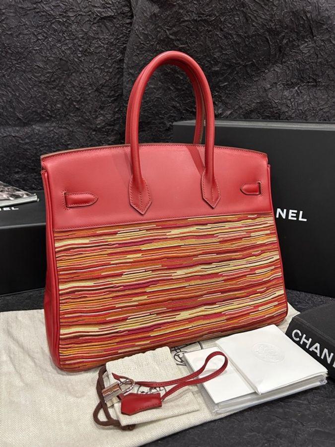 愛馬仕/Hermes 紅色銀扣 bk 35 birkin35羊切皮拼box皮-1
