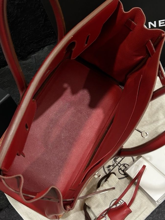 愛馬仕/Hermes 紅色銀扣 bk 35 birkin35羊切皮拼box皮-7
