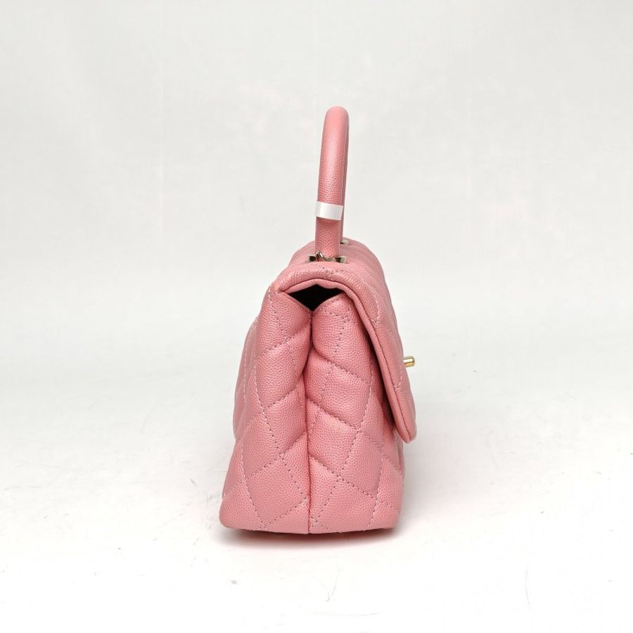 CHANEL CocoHandle小號粉色荔枝牛皮30開金扣肩背包-3