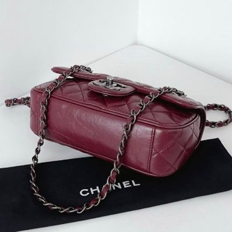 近新品 香奈兒/Chanel Easy Coco大mini 勃第艮紅小牛皮 複古銀扣 鏈條包-4