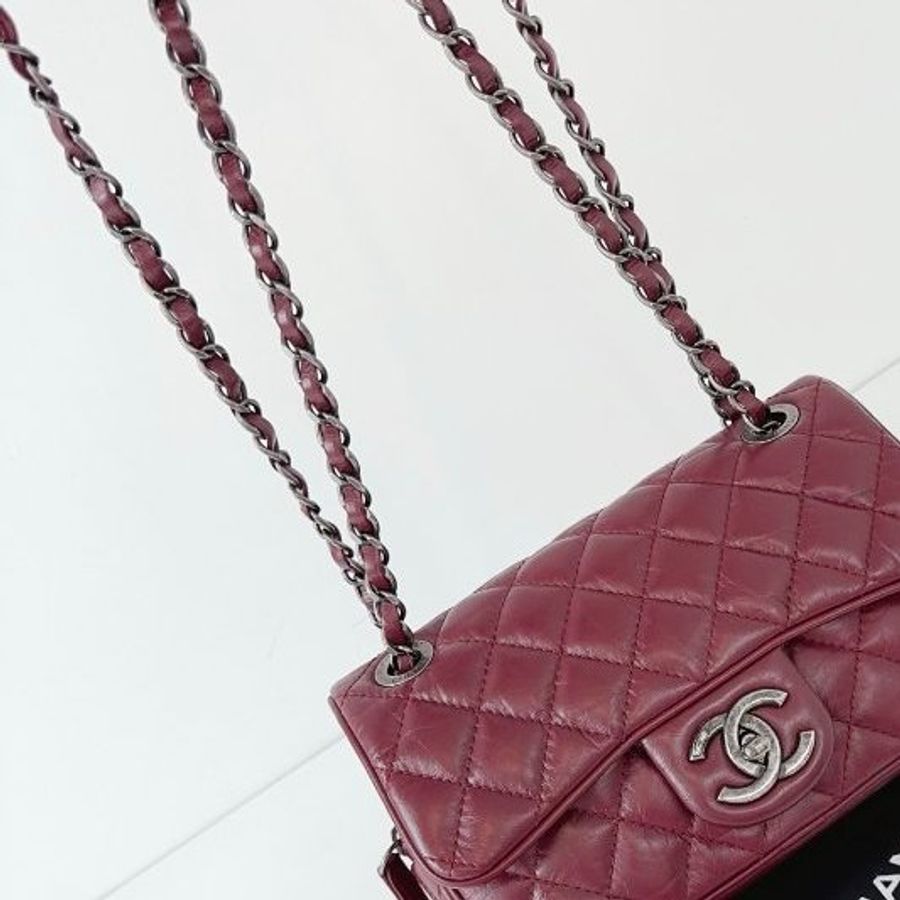 近新品 香奈兒/Chanel Easy Coco大mini 勃第艮紅小牛皮 複古銀扣 鏈條包-8