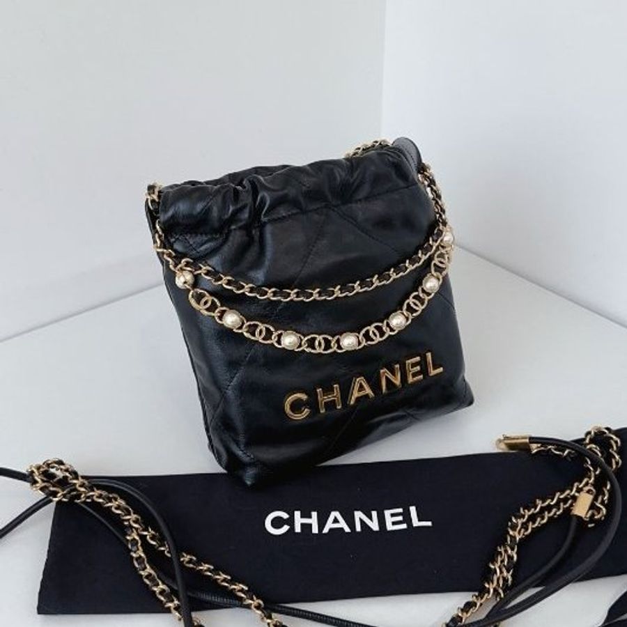 近新品 香奈兒/Chanel 黑金mini Bag珍珠鏈迷你垃圾袋牛皮 芯片款-2