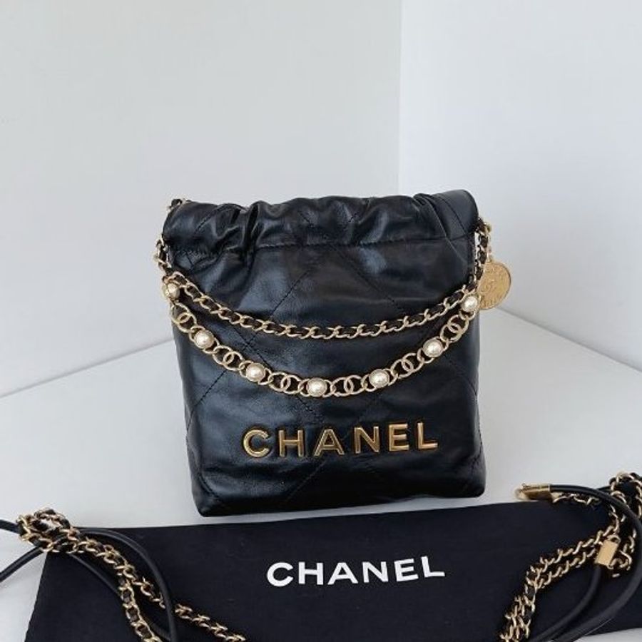 近新品 香奈兒/Chanel 黑金mini Bag珍珠鏈迷你垃圾袋牛皮 芯片款-5