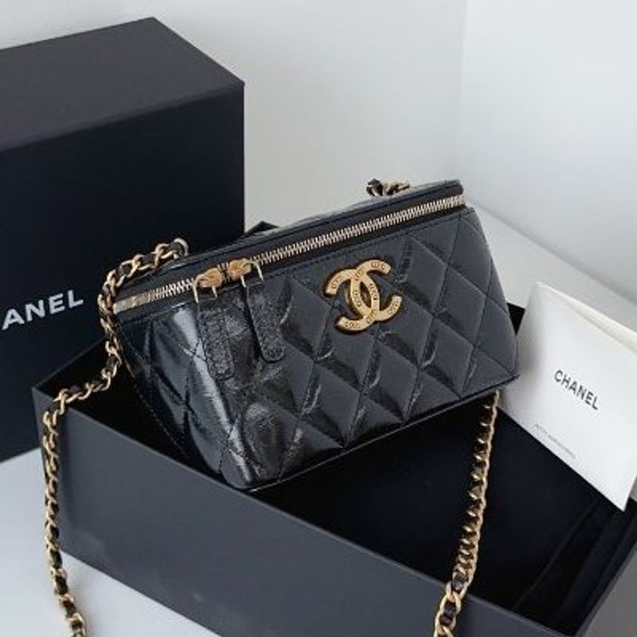 閒置新 香奈兒/Chanel 黑金油蠟皮長盒子鏈條化粧包 芯片款-2
