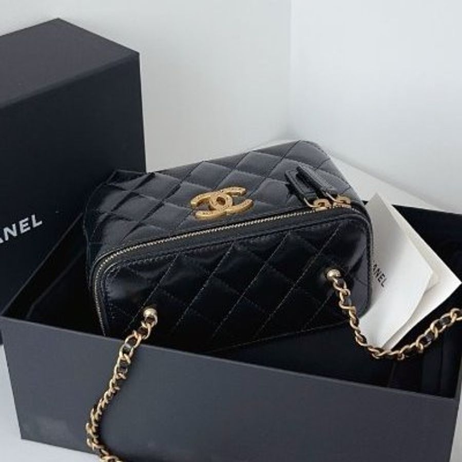 閒置新 香奈兒/Chanel 黑金油蠟皮長盒子鏈條化粧包 芯片款-3