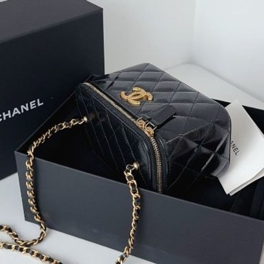 閒置新 香奈兒/Chanel 黑金油蠟皮長盒子鏈條化粧包 芯片款-4
