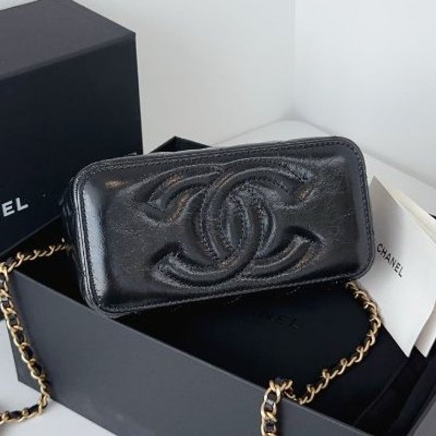 閒置新 香奈兒/Chanel 黑金油蠟皮長盒子鏈條化粧包 芯片款-5