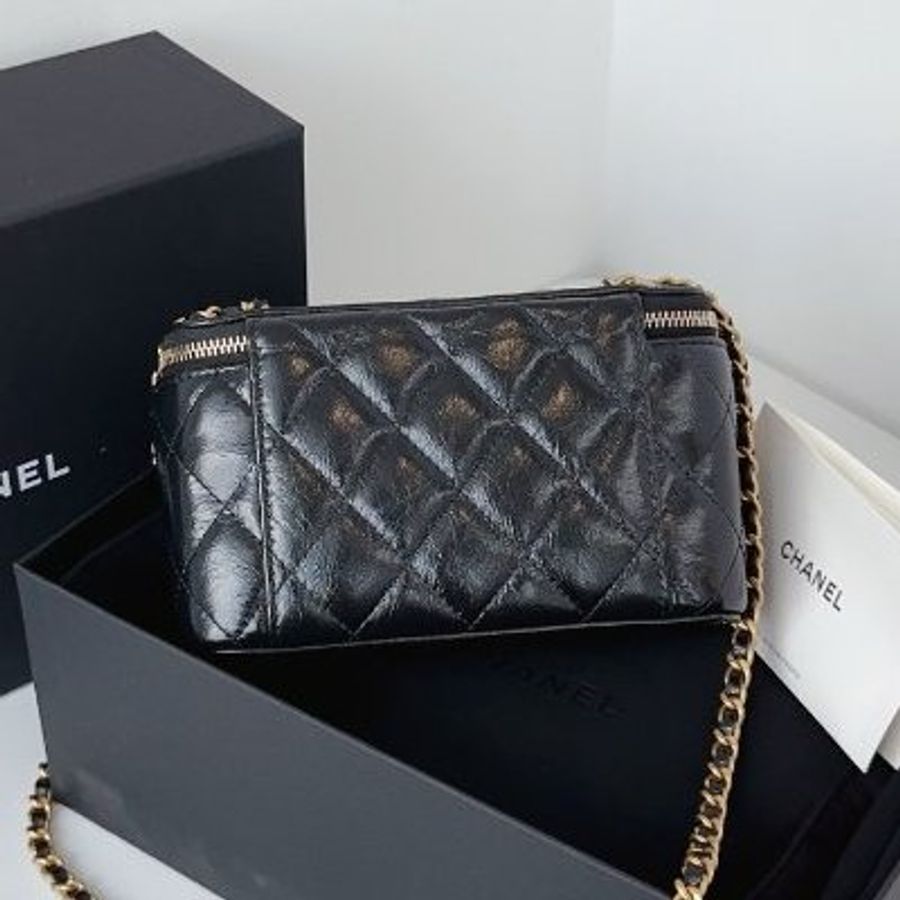 閒置新 香奈兒/Chanel 黑金油蠟皮長盒子鏈條化粧包 芯片款-7