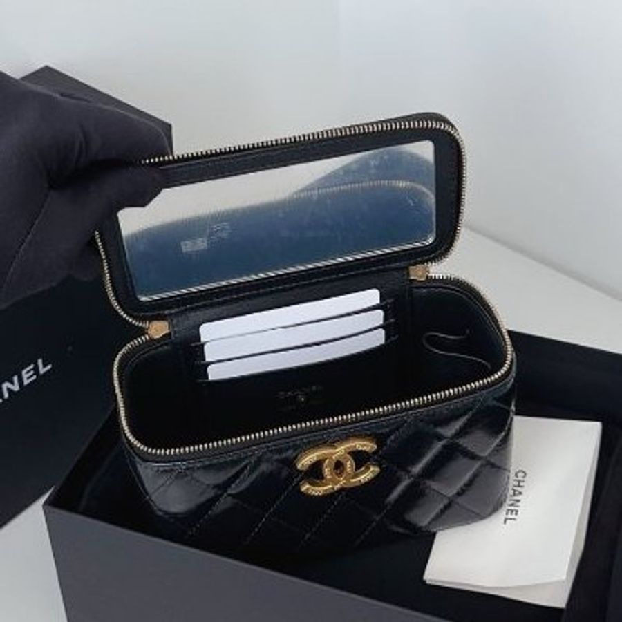 閒置新 香奈兒/Chanel 黑金油蠟皮長盒子鏈條化粧包 芯片款-9