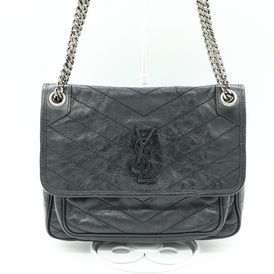 YSL 聖羅蘭 黑色 經典款 NIKI 中號 復古褶皺鏈條單肩包 斜背包 翻蓋包-2