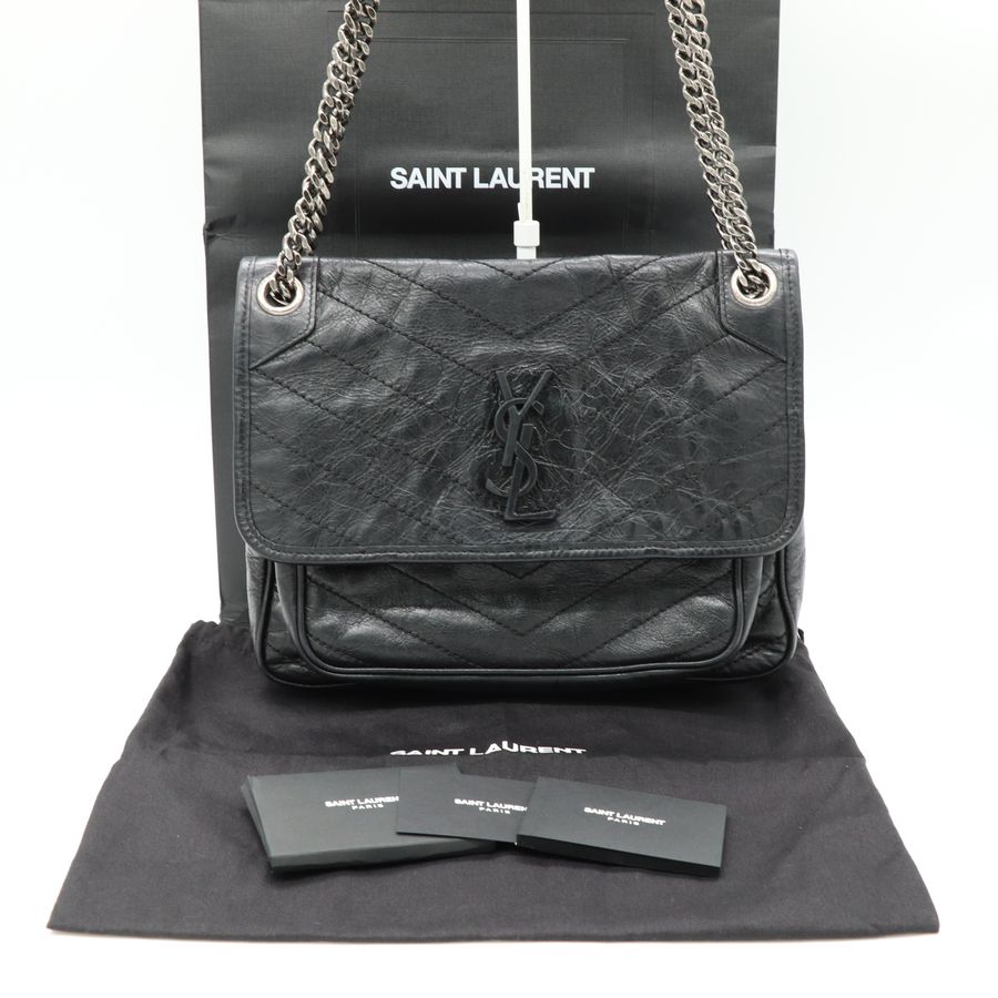 YSL 聖羅蘭 黑色 經典款 NIKI 中號 復古褶皺鏈條單肩包 斜背包 翻蓋包-17