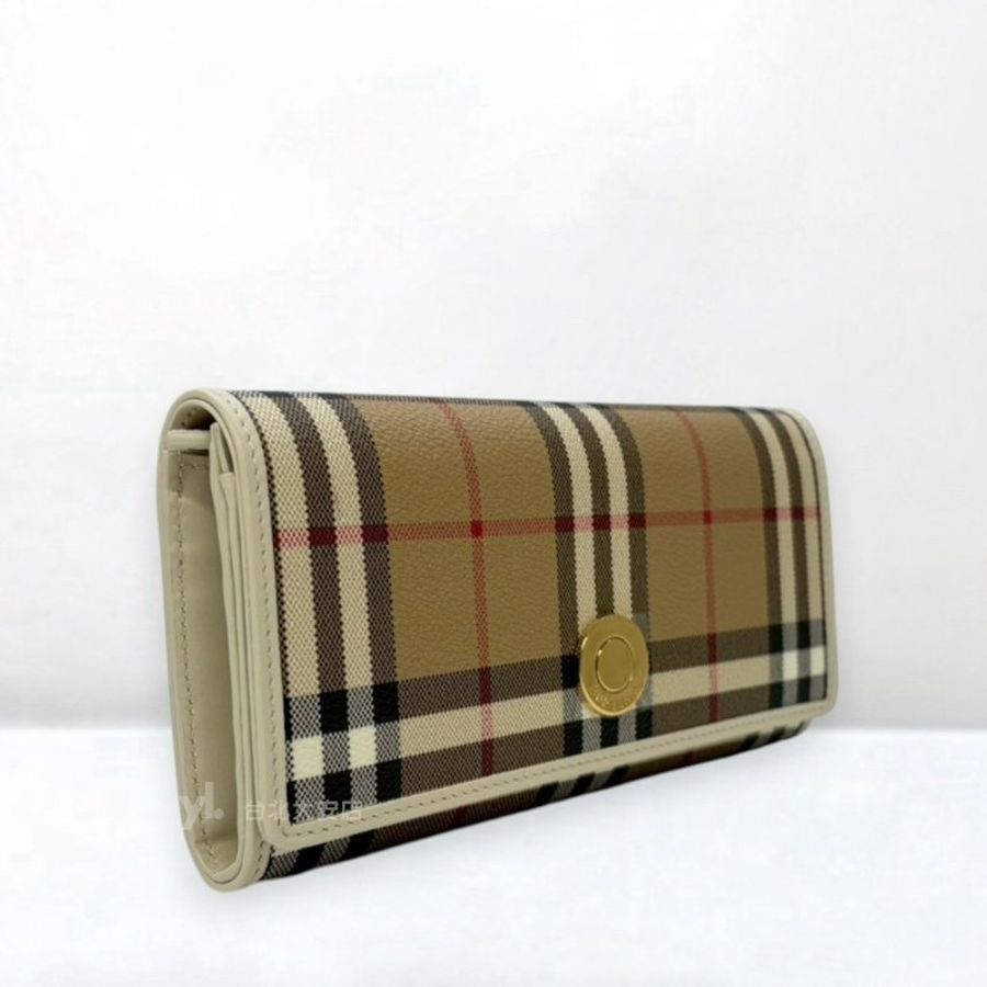 A13376-BURBERRY 經典格紋白色牛皮飾邊金釦下蓋長夾81251381-1