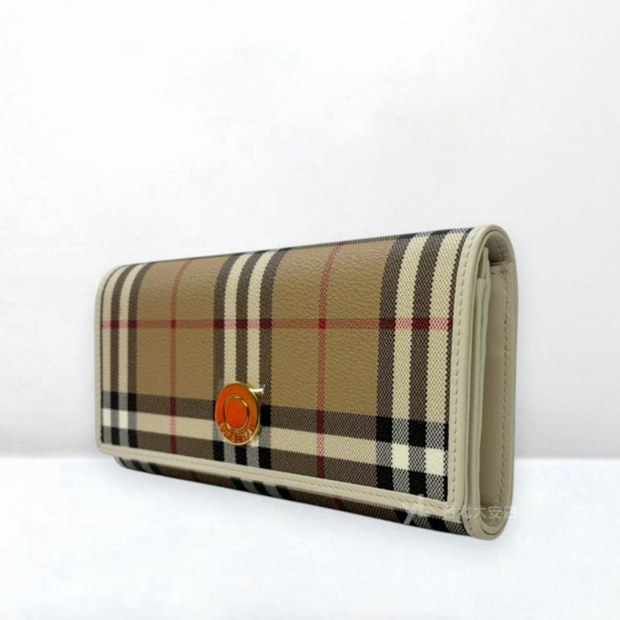 A13376-BURBERRY 經典格紋白色牛皮飾邊金釦下蓋長夾81251381-2