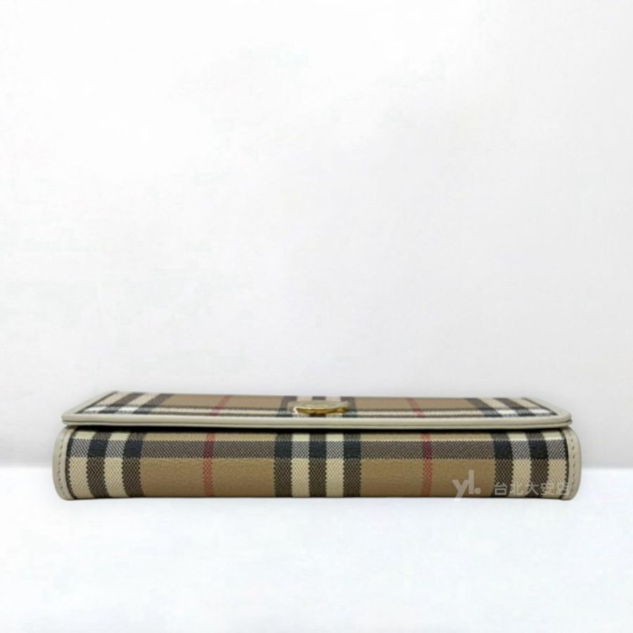 A13376-BURBERRY 經典格紋白色牛皮飾邊金釦下蓋長夾81251381-4