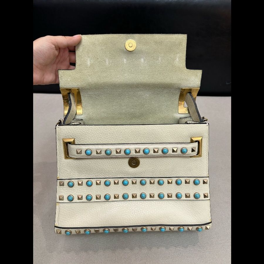 Valentino 白色鉚釘綠松石 手提斜背包 高工價款-7