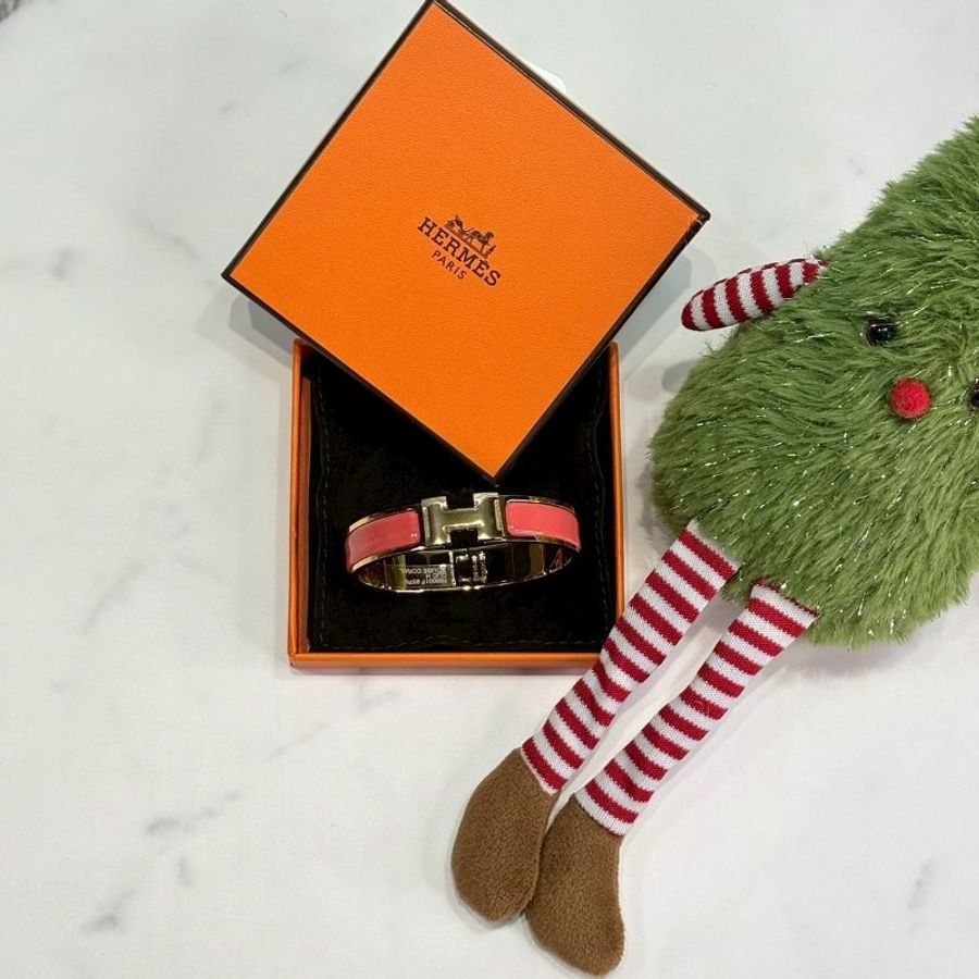 HERMES 全新Clic H 珊瑚紅法瑯細版手環-1