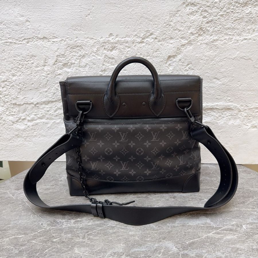 Louis Vuitton 路易威登steamer黑武士 經典黑色老花 男士單肩郵差包手提包肩背包斜挎包 皮標加芯片款-3